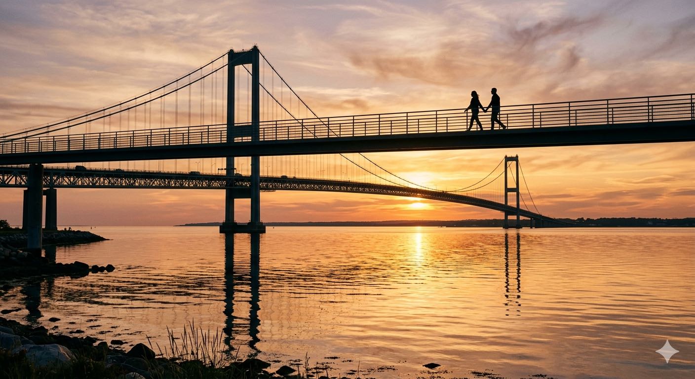 Two people crossing a bridge at golden hour